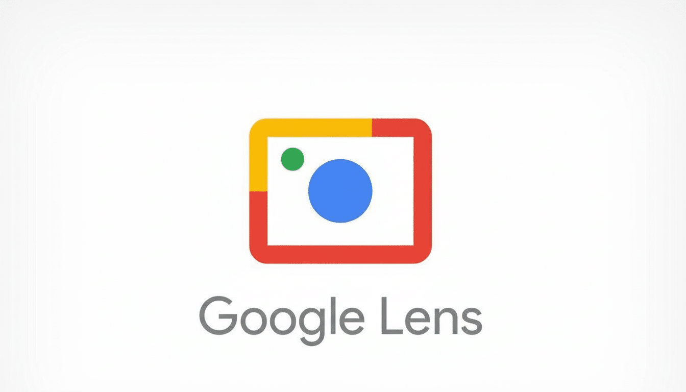 The Google Lens logo, featuring a stylized camera icon with a blue circle lens, a green dot, and a red frame, with yellow and red sections on top, all