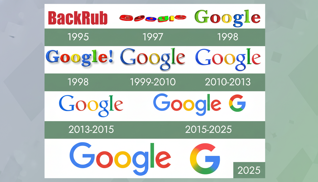 A professional infographic showing the evolution of the Google logo from  BackRub in 199 5 to its projected design in 20 25, presented in a 16:9 aspect ratio with a subtle patterned background. Filename : googlelogo evolution 169 .png