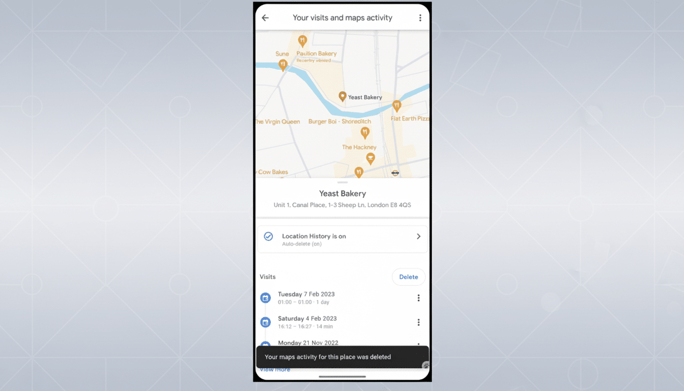 A smartphone screen showing Google Maps activity, including visits to Y east Bakery and a map of the surrounding area, with a notification that maps activity for this place was deleted. The background has been updated with a professional flat design featuring soft patterns.