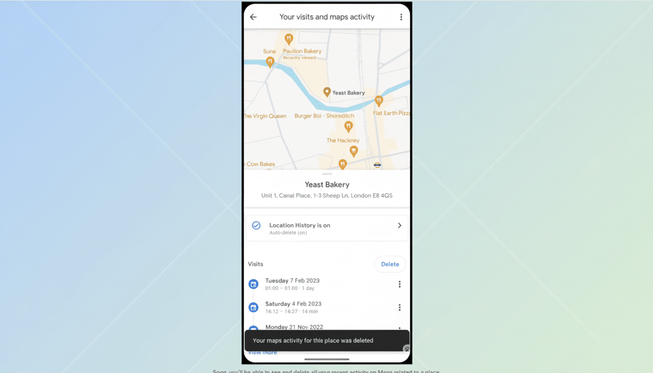 A mobile phone screen displaying Google Maps activity for Yeast Bakery, showing location history and recent visits. The background has been enhanced w