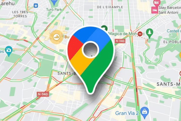 Google Maps icon centered on a map showing traffic in Barcelona. Filename : googlemaps iconbar celonatraffic. png
