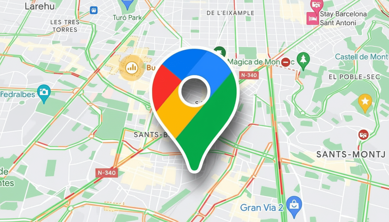 Google Maps icon centered on a map showing traffic in Barcelona. Filename : googlemaps iconbar celonatraffic. png