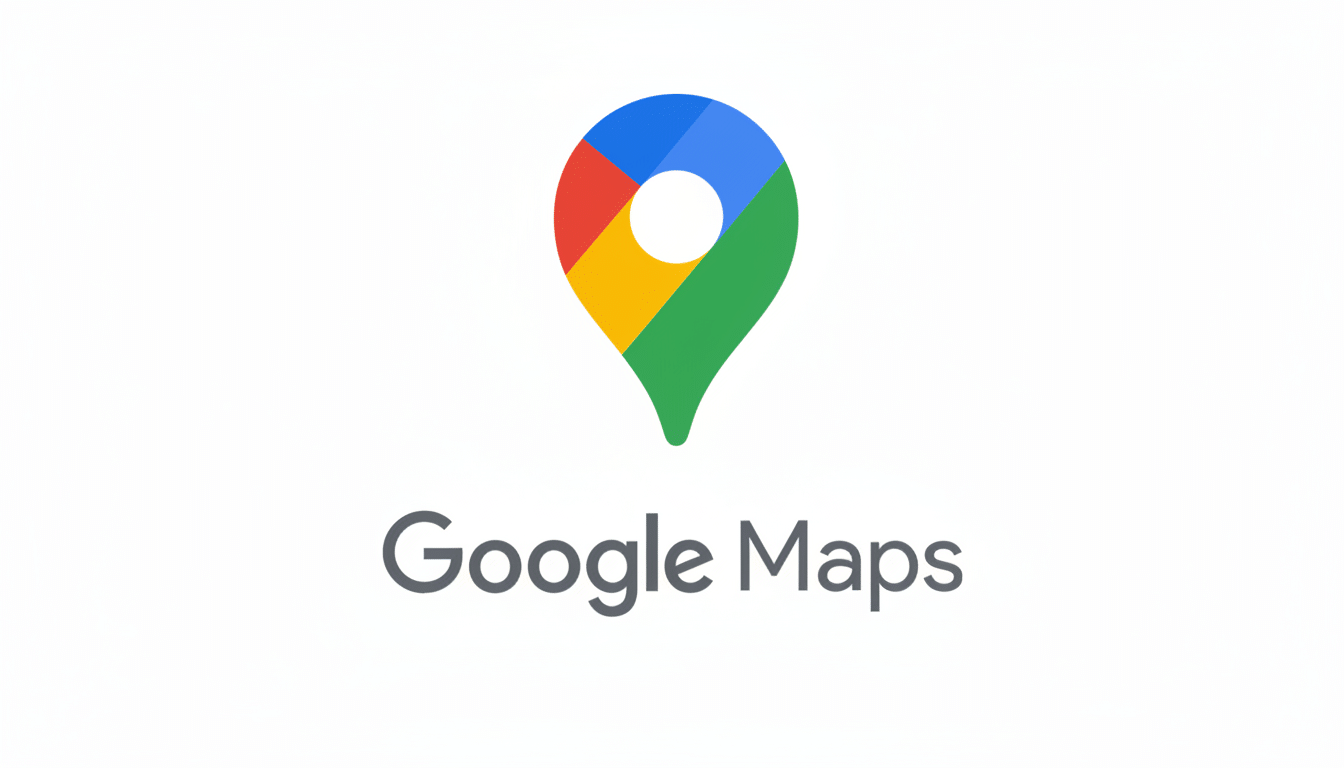 The Google Maps logo and word mark , featuring a multi-colored location pin icon above the text  Google Maps, presented on a clean white background.