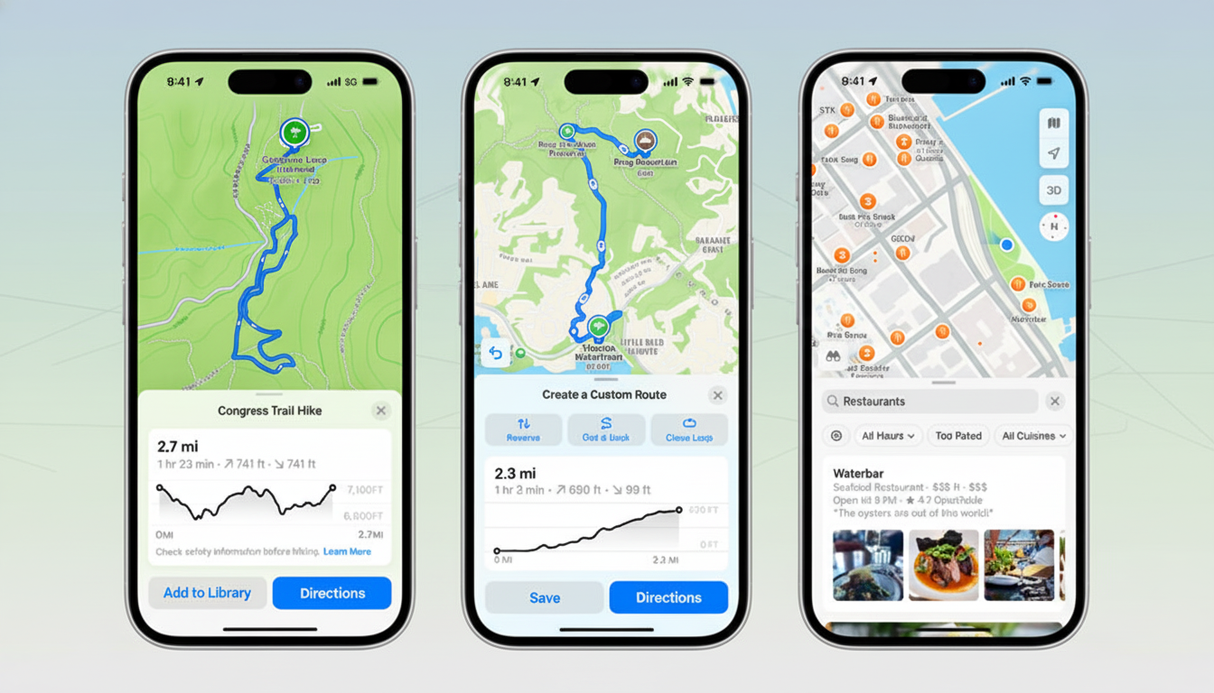 Three iPhones displaying different views of the Apple Maps application, showcasing hiking trails, custom routes, and restaurant searches.