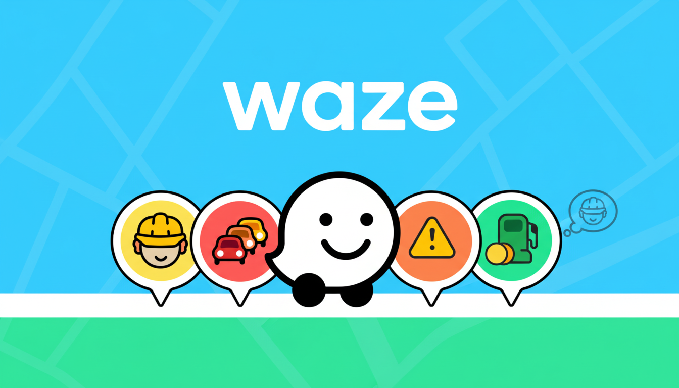 The Waze logo and mascot with various navigation icons on a blue and green background.