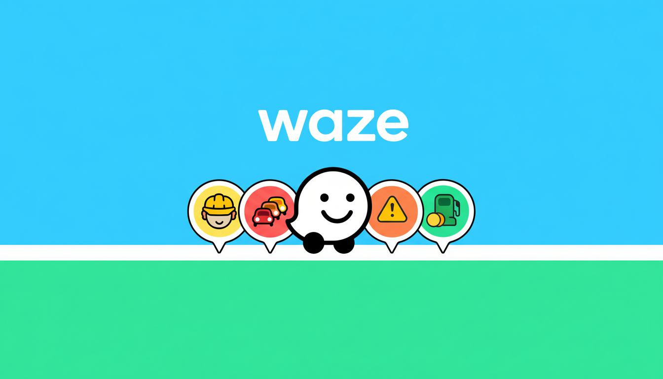 The Waze logo and mascot with various navigation icons on a blue and green background.
