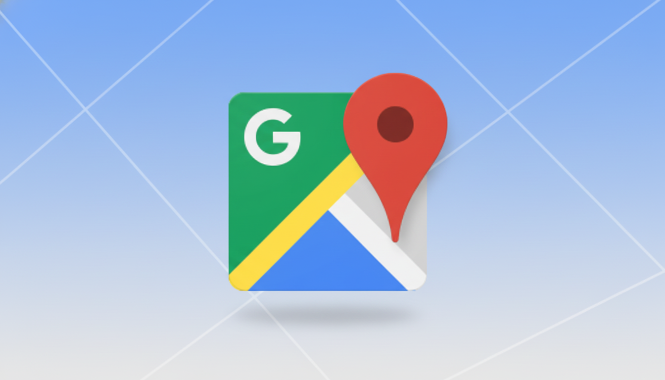 The Google Maps app icon, featuring a green square with a white G, a yellow and blue road, and a red location pin, set against a professional light blue background with subtle geometric patterns.