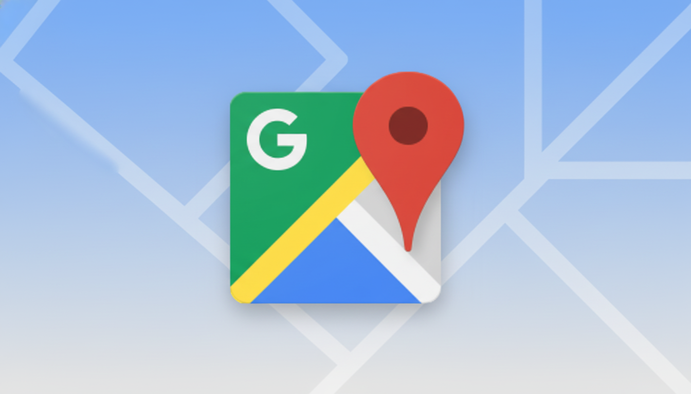 The Google Maps app icon, featuring a green square with a white G, a yellow and blue road, and a red location pin, set against a light blue background with subtle map-like patterns.