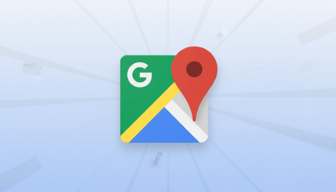 The Google Maps app icon, featuring a green square with a white G, a yellow and blue road, and a red location pin, set against a light blue background with subtle white geometric patterns.