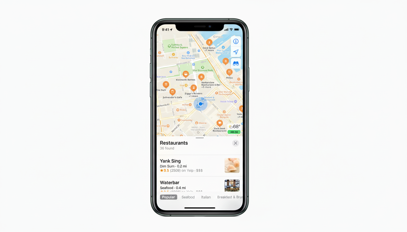 An iPhone displaying a map application with restaurant listings, resized to a 16:9 aspect ratio with a clean, professional background.