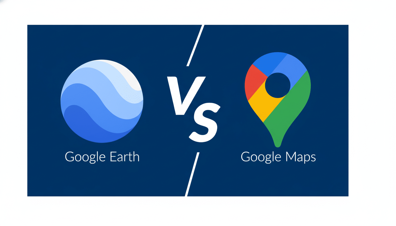 Google Earth vs Google Maps logos displayed side-by -side with a Vs in between them , set on a blue background and resized to a 16:9 aspect ratio with a white frame .