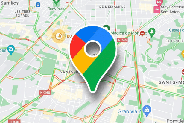 A 16:9 aspect ratio image of the Google Maps pin icon centered over a map showing city streets and traffic data .