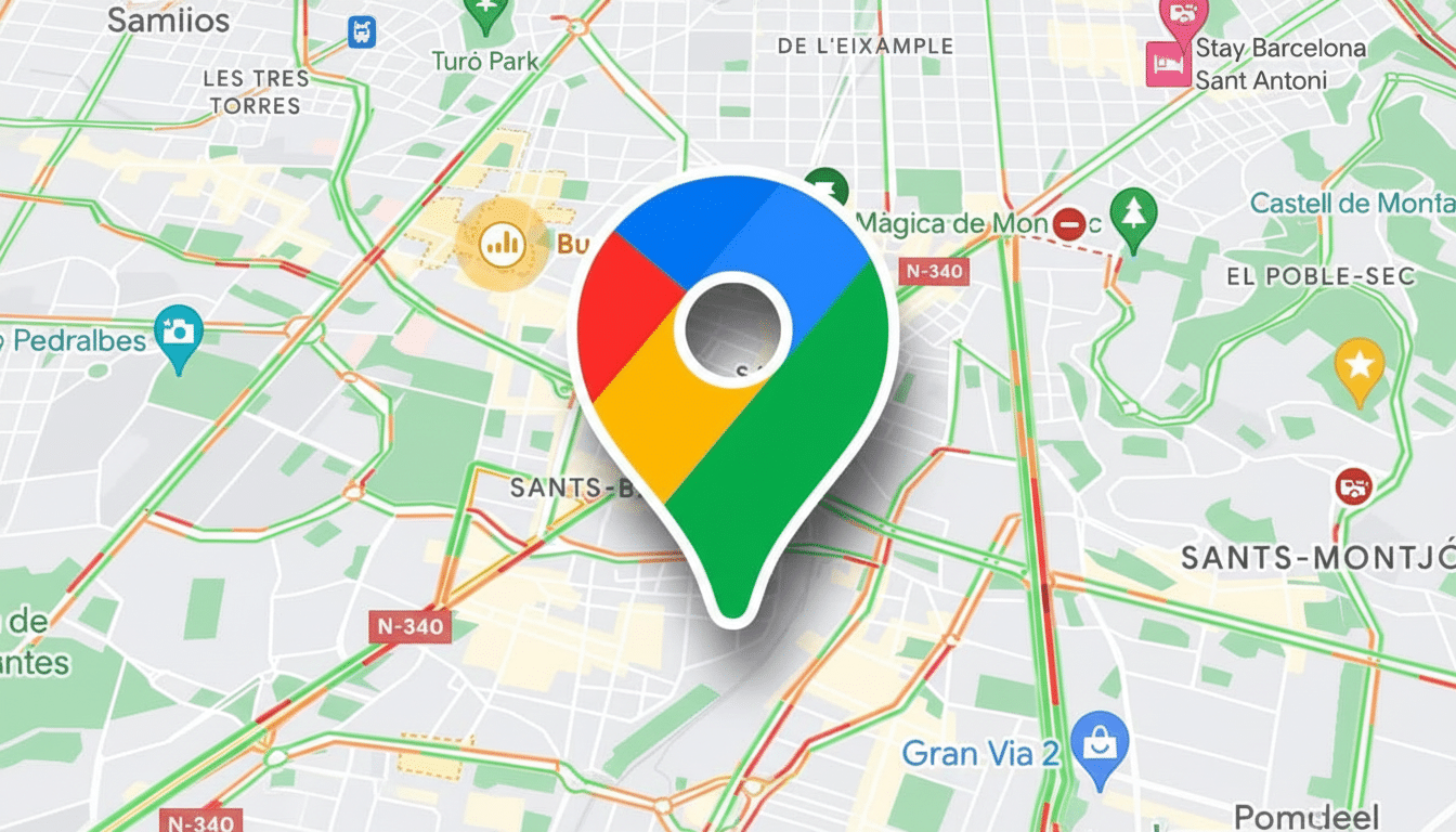 A 16:9 aspect ratio image of the Google Maps pin icon centered over a map showing city streets and traffic data .