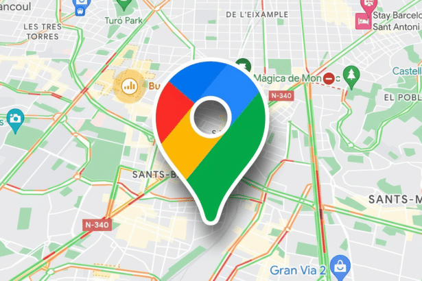 Google Maps pin icon centered over a map showing city roads and traffic.