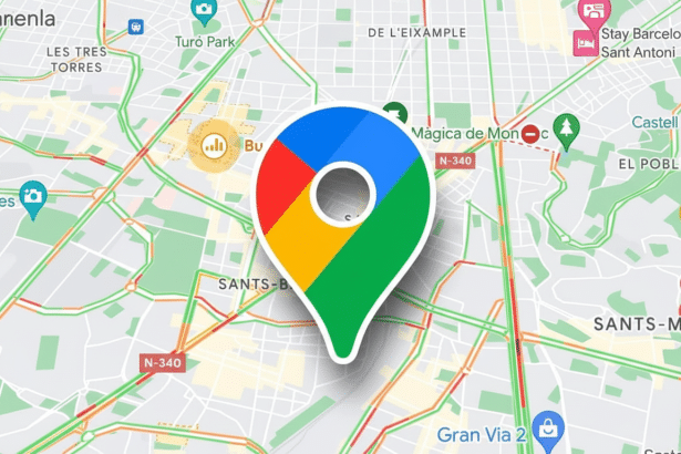 A 16:9 aspect ratio image of a Google Maps pin icon centered over a map showing city streets and traffic.