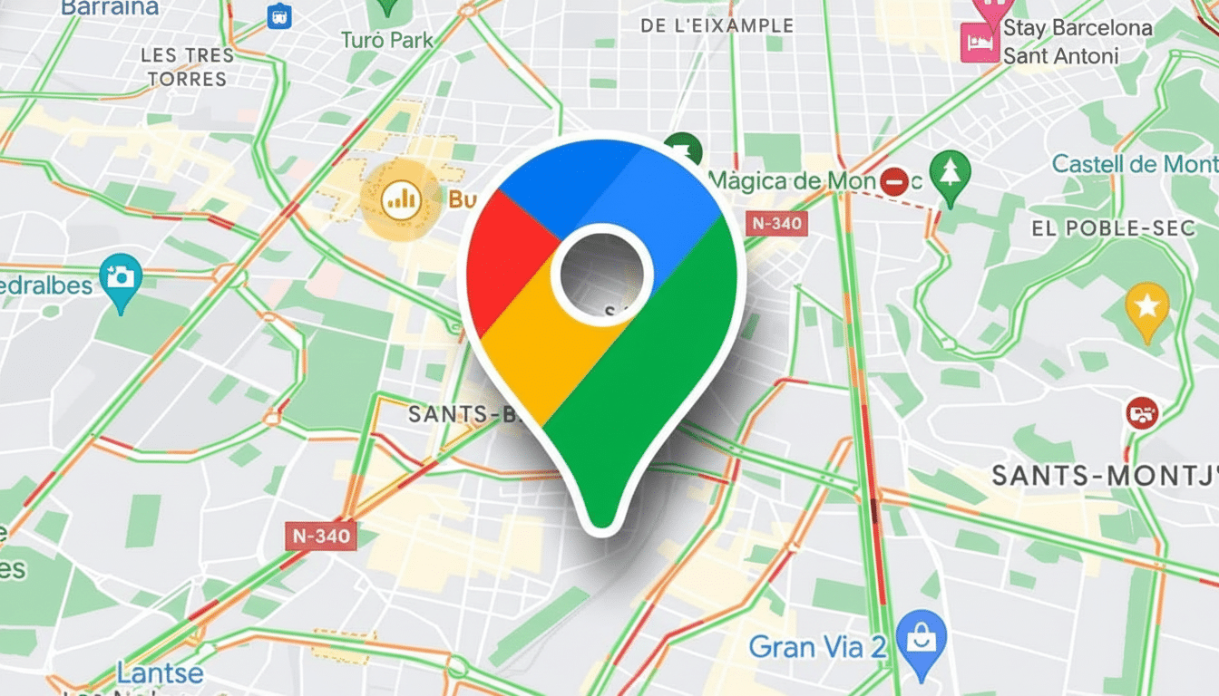 A 16:9 aspect ratio image of the Google Maps pin icon centered over a map showing streets and traffic conditions .