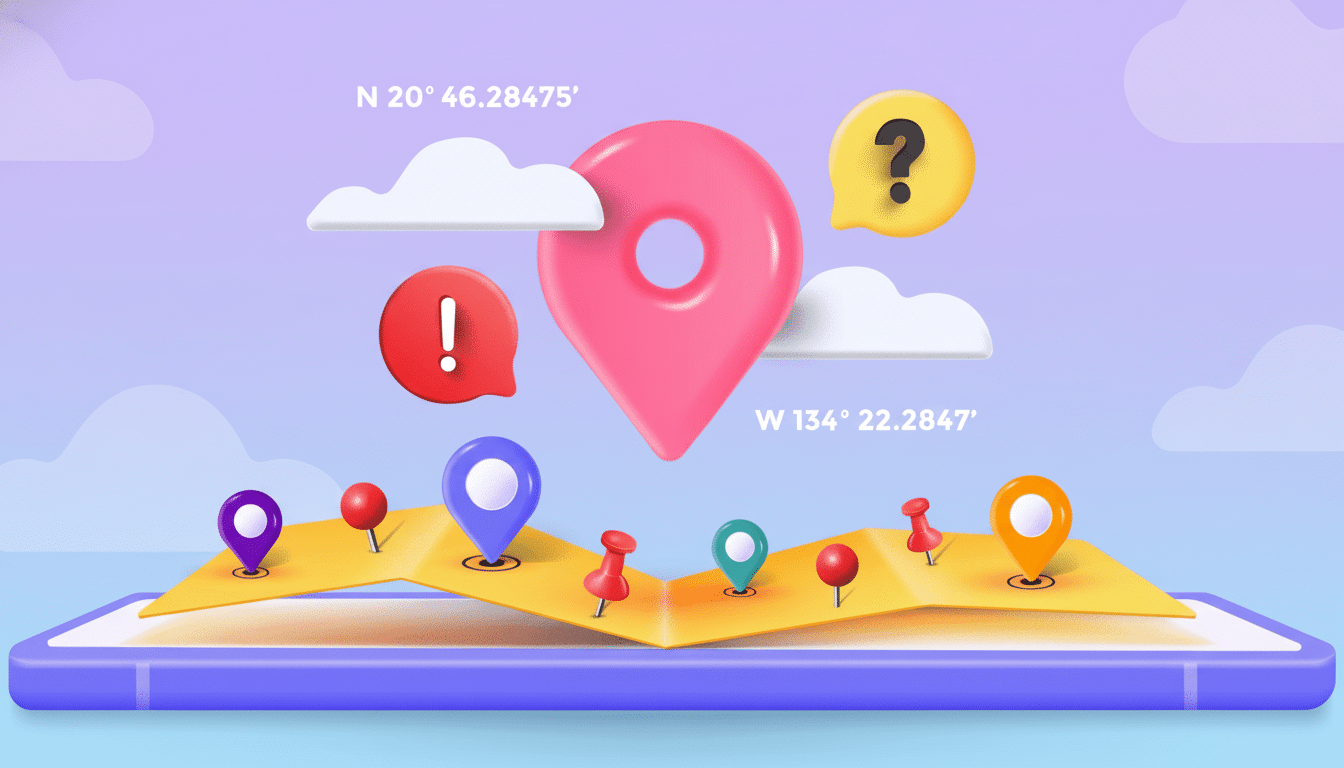 A 3 D illustration featuring a smartphone displaying a yellow folded map with multiple colorful location pins. Above the phone are larger 3D icons , including a prominent pink location marker , a red exclamation mark , a yellow question mark, and white clouds, all set against a soft purple background with subtle cloud-like patterns . Coordinates N 20° 46. 2847 5' and W 134 ° 22 .284 7' are also visible .