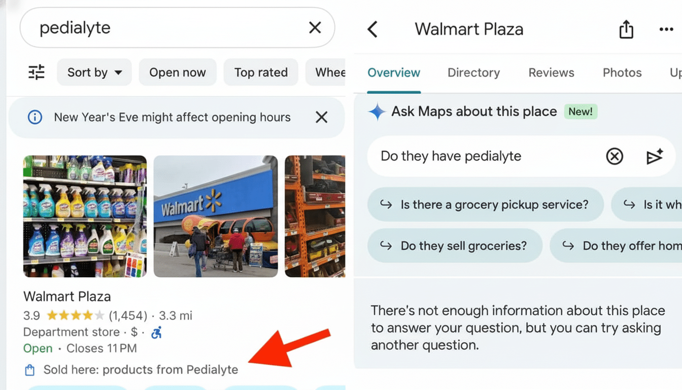 Google search results for ped ialyte showing Walmart Plaza as a location that sells products from Pedialyte, with an arrow pointing to the text .