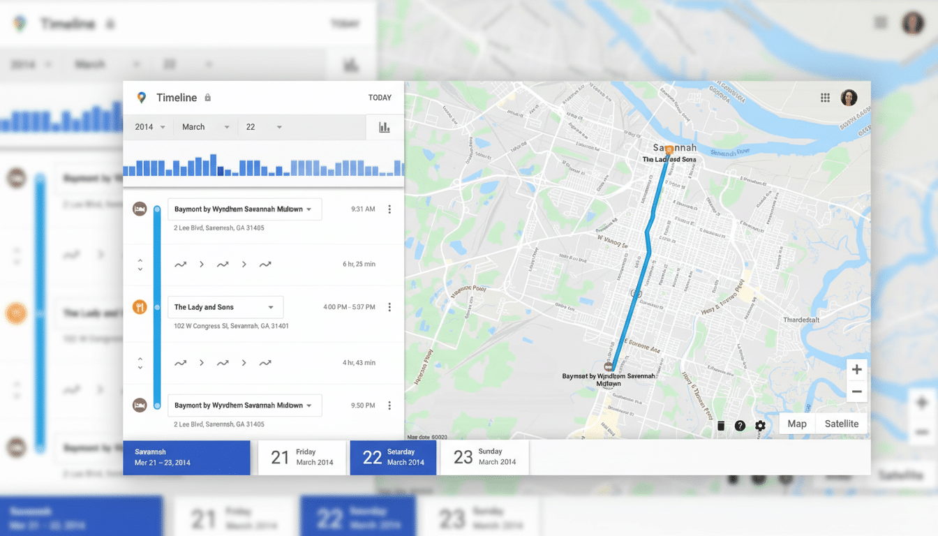 A screenshot of Google Maps Timeline showing a users travel history in Savannah, Georgia, with detailed locations and routes highlighted.