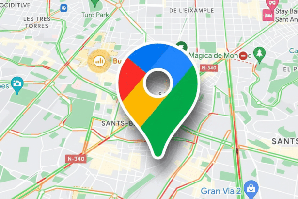 A Google Maps location pin icon displayed prominently on a map of Barcelona, showing traffic conditions .