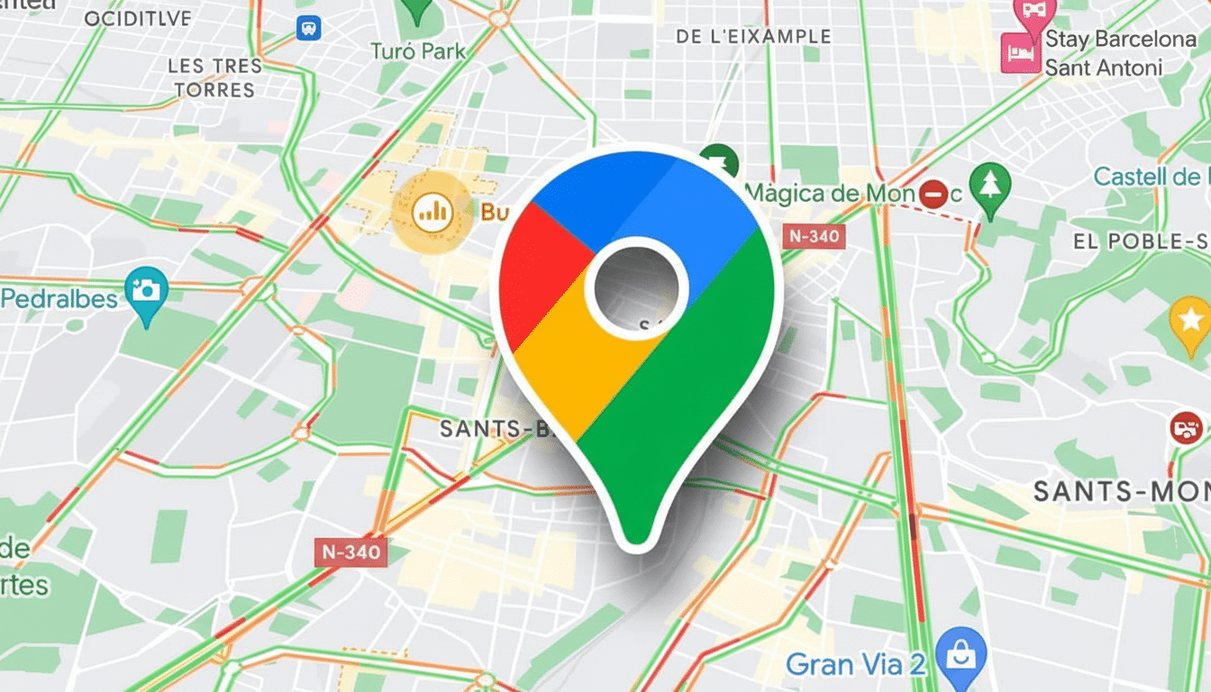 A Google Maps location pin icon displayed prominently on a map of Barcelona, showing traffic conditions .