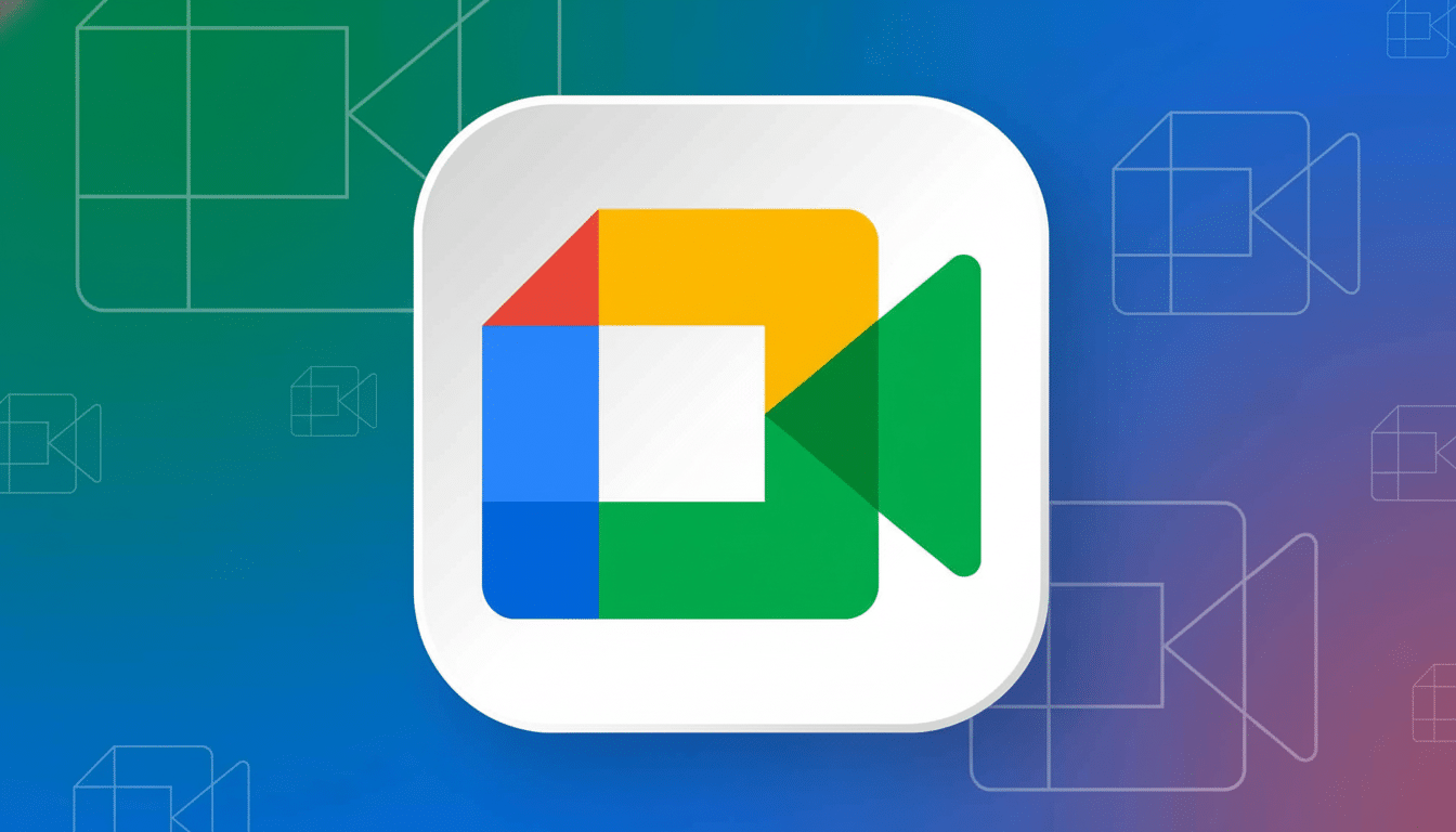 Google Meet app icon on a colorful background with abstract video camera outlines .