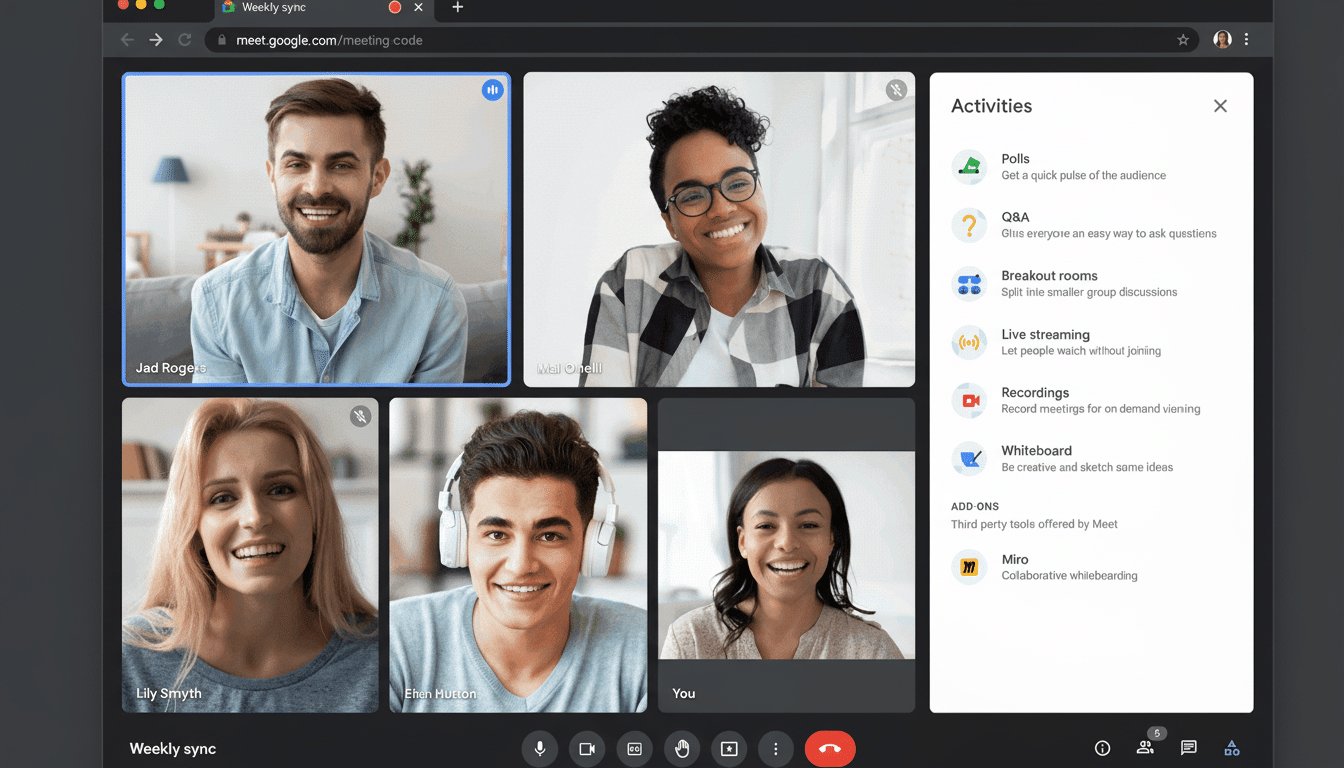 A screenshot of a Google Meet video conference with five participants on screen and an Activities sidebar .
