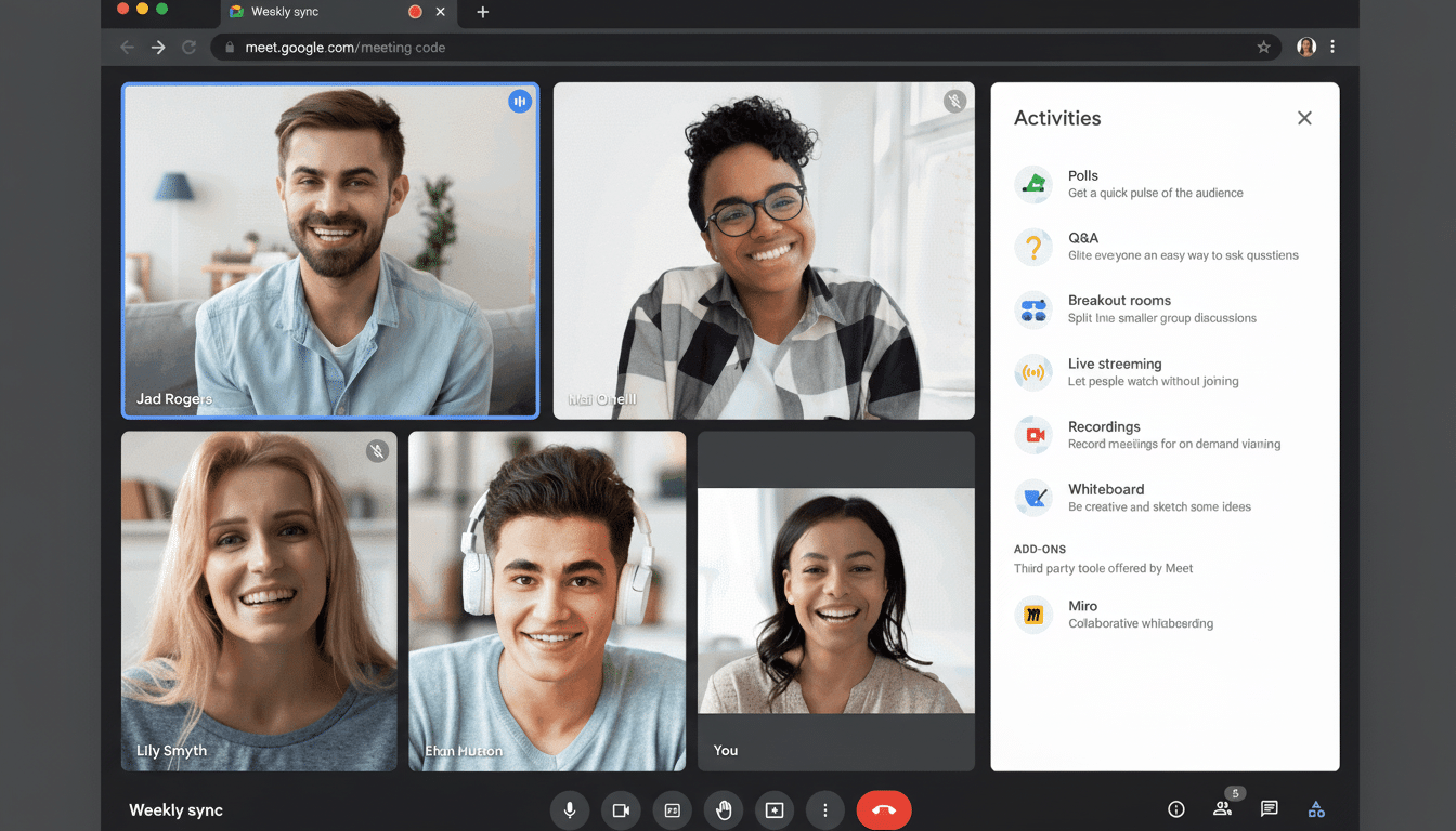 A screenshot of a Google Meet video conference with five participants on screen and an Activities sidebar open , showing options like Poll s, Q& A, Live streaming, and Miro. Filename : googlemeet conference activities .png