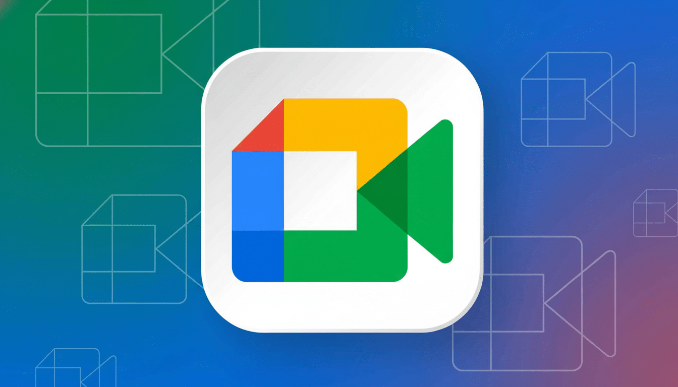 The Google Meet logo, a multicolored square icon with a green video camera symbol , centered on a gradient background with subtle abstract shapes. Filename : googlemeet logo1 69. png