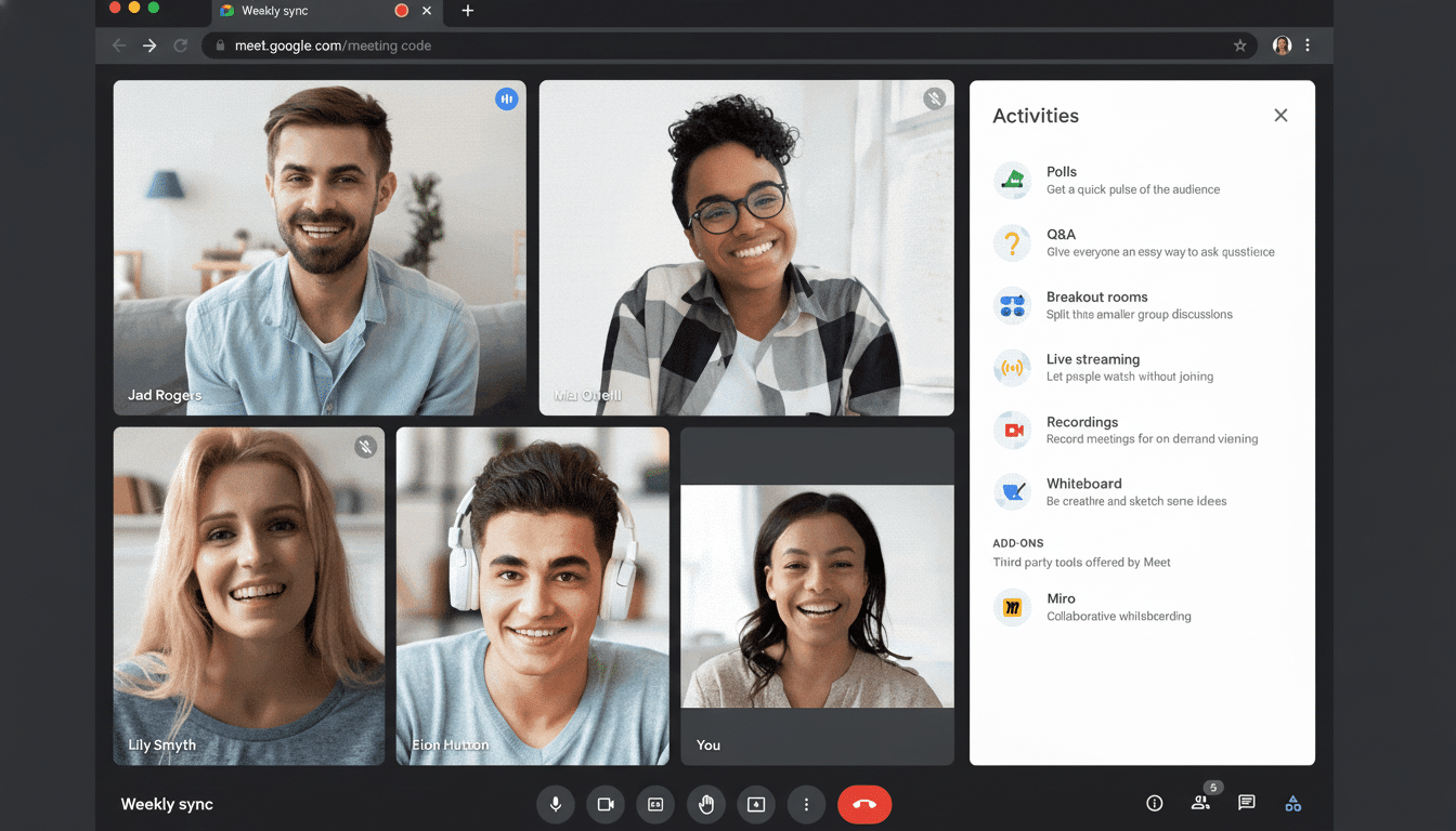 ** A screenshot of a Google Meet video conference in a web browser, showing five participants and a sidebar with activity options like Poll s, Q& A, and Live streaming . **Filename :** googlemeet conference . png