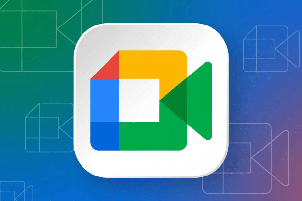 Text: Google Meet app icon with a colorful background of outlined camera shapes.