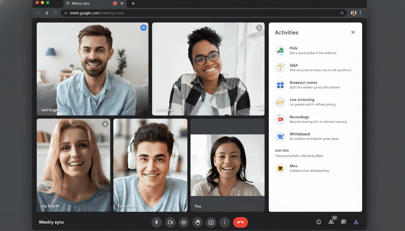 A screenshot of a Google Meet video conference with five participants on screen and an Activities sidebar.