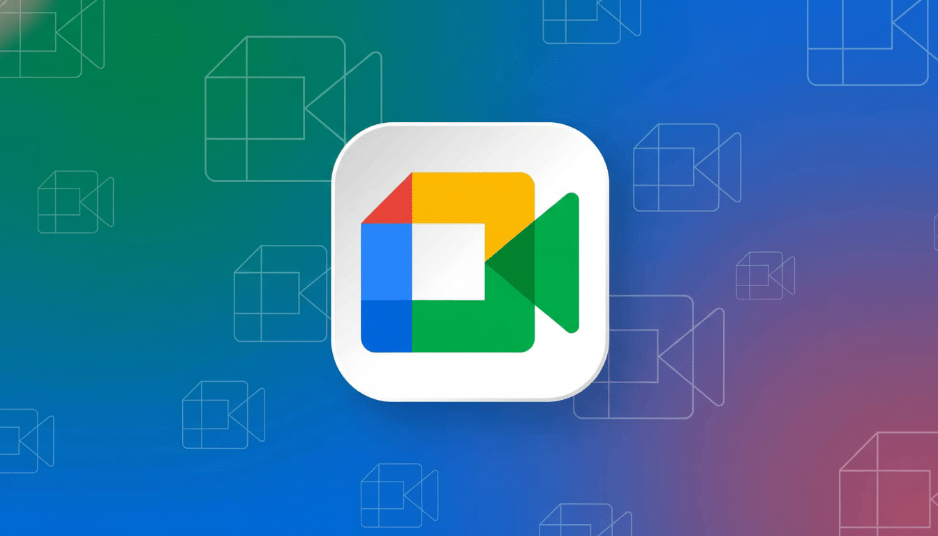 A 16: 9 aspect ratio image of the Google Meet icon, featuring a colorful four-pane square and a green video camera triangle, centered on a background