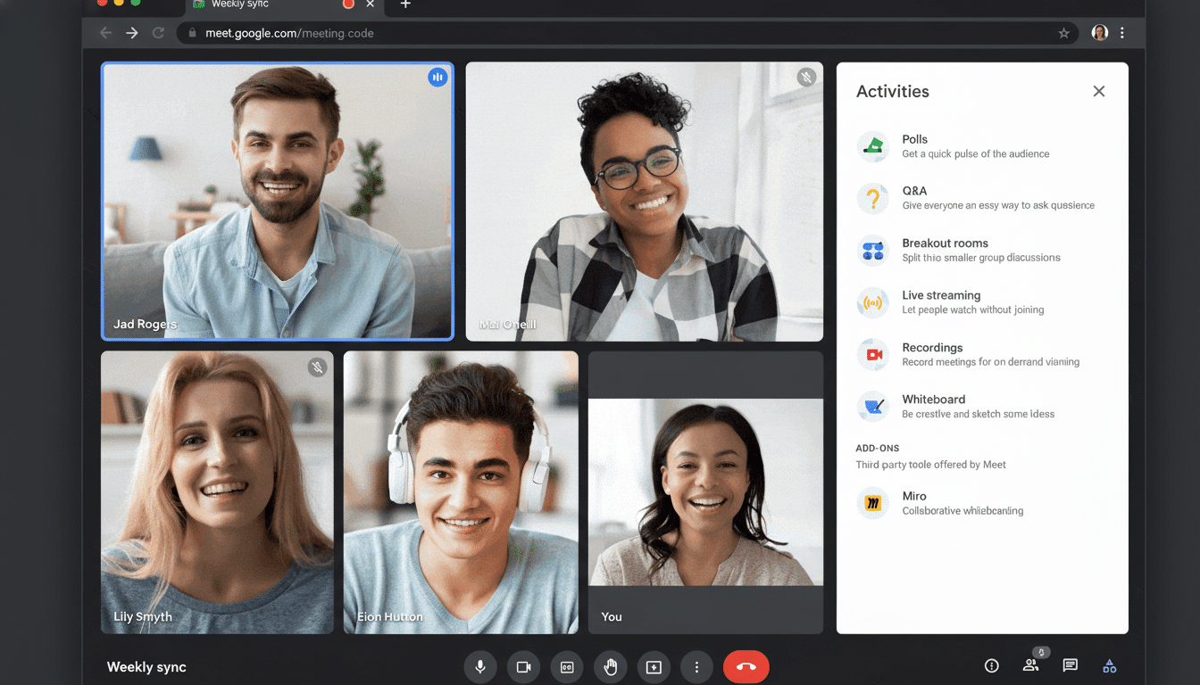 A Google Meet video conference in a web browser, showing five participants in individual video frames and a sidebar listing Activities like Poll s, Q&