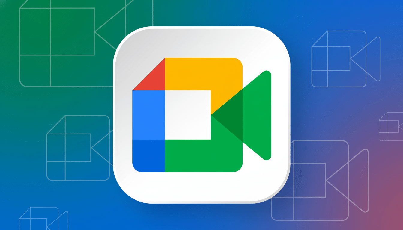 A professional , enhanced image of the Google Meet logo in a 16:9 aspect ratio, featuring its classic colorful design on a white rounded square, set against a background with subtle geometric patterns and a smooth green -to -blue gradient.