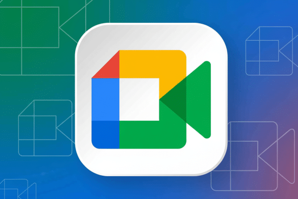 The Google Meet logo, a multicolored camera icon on a white rounded square, centered against a professional background with soft geometric patterns and a blue to purple gradient. Filename : googlemeet logo1 6x 9. png