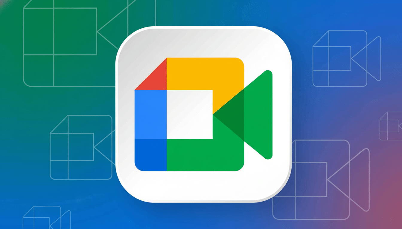 The Google Meet logo, a multicolored camera icon on a white rounded square, centered against a professional background with soft geometric patterns and a blue to purple gradient. Filename : googlemeet logo1 6x 9. png