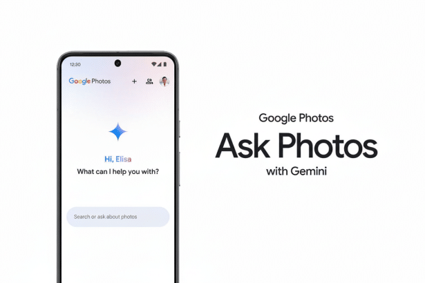 A smartphone displaying the Google Photos app interface , with a Gemini AI integration offering assistance . The text Google Photos Ask Photos with Gemini is visible on the right side of the screen.