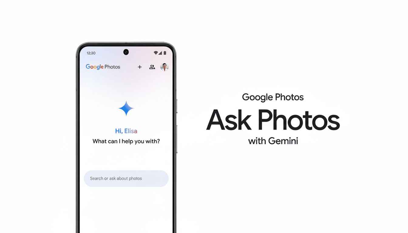 A smartphone displaying the Google Photos app interface , with a Gemini AI integration offering assistance . The text Google Photos Ask Photos with Gemini is visible on the right side of the screen.