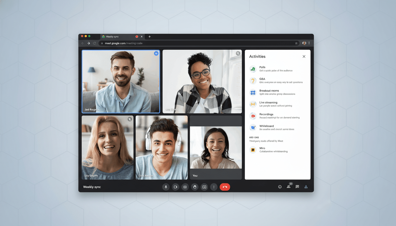 A screenshot of a Google Meet video conference in a web browser, showing five participants in video feeds and a sidebar displaying various activity options like Poll s, Q& A, Live streaming , Breakout rooms , Recordings, White board, and Add -ons.