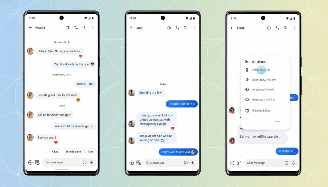 A 16: 9 aspect ratio image featuring three smartphones displaying Google Messages conversations and a reminder setting.