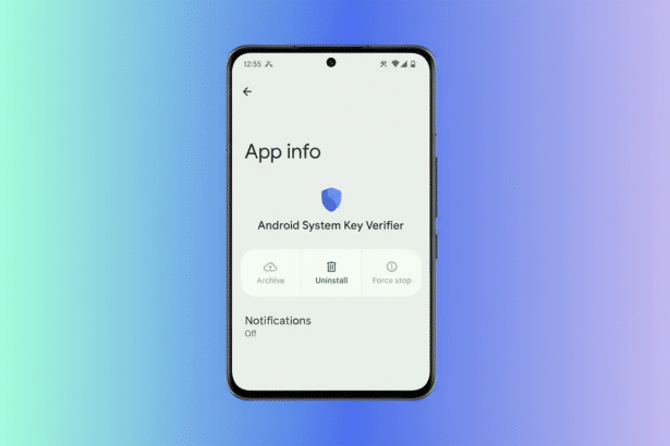 A smartphone displaying the App info screen for Android System Key Verifier, showing options to Archive, Uninstall , or Force stop the app, against a professionally enhanced gradient background. Filename : androidapp infoscreen . png