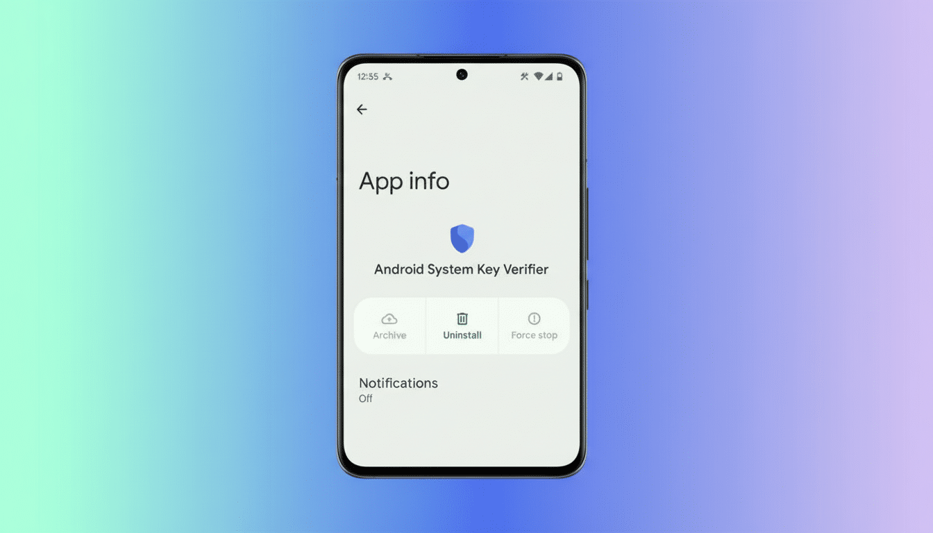 A smartphone displaying the App info screen for Android System Key Verifier, showing options to Archive, Uninstall , or Force stop the app, against a professionally enhanced gradient background. Filename : androidapp infoscreen . png