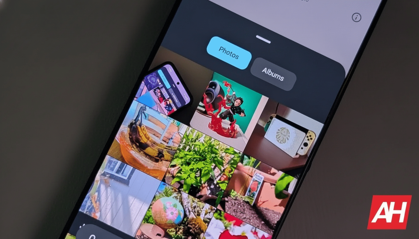 A smartphone displaying a gallery app with  Photos and  Albums tabs, showing various images.