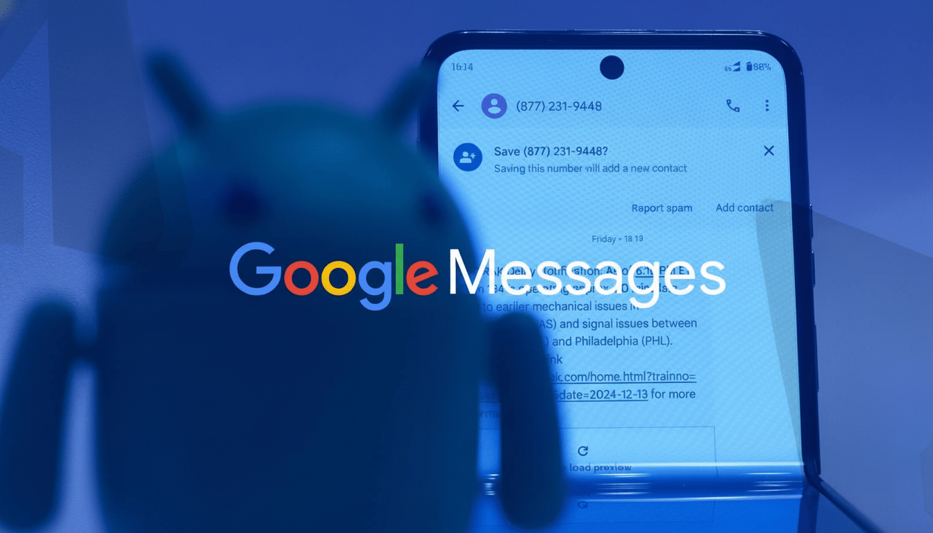 A professional , enhanced image featuring the Google Messages logo prominently , superimposed over a smartphone displaying a message interface and a subtle Android robot figure in the background.