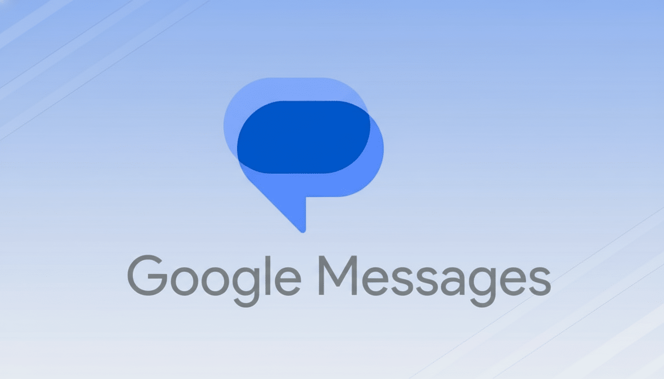 The Google Messages logo featuring overlapping blue speech bubbles above the text Google Messages, set against a soft blue gradient background with su