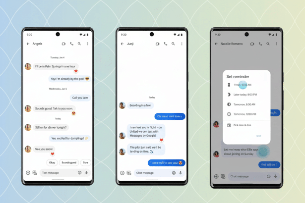 Three smartphones displaying message conversations and a reminder setting screen, set against a background with a subtle, professional gradient and so