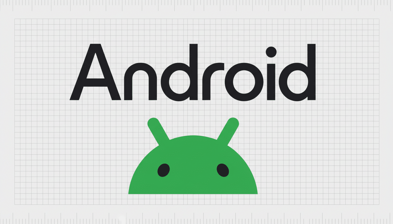 The Android logo, featuring the word Android in black text above a green robot head icon, set against a light gray grid background.