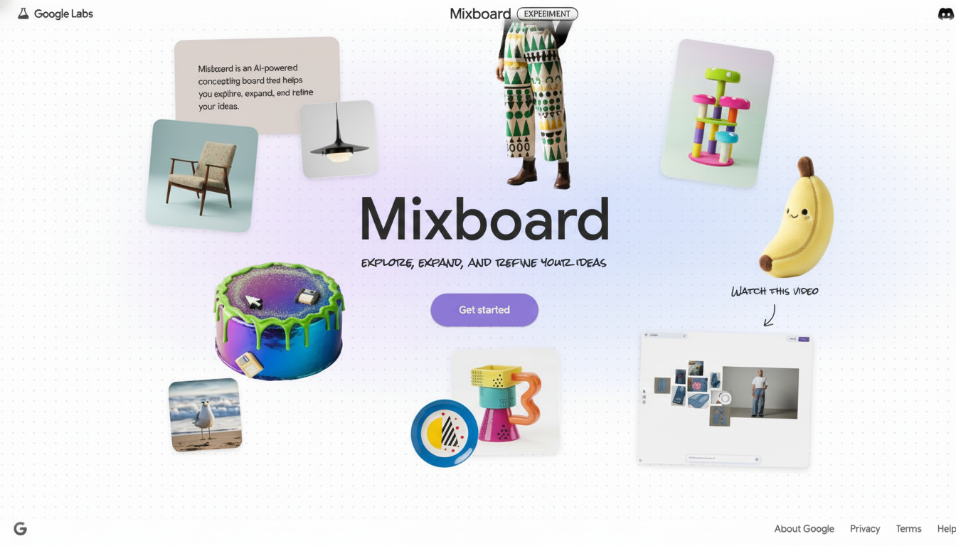 A screenshot of the Google Labs Mixboard website, featuring various images and text on a white background with a subtle dotted pattern.