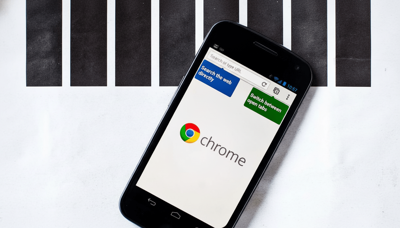 A black smartphone displaying the Google Chrome app interface, with the Chrome logo prominently featured on the screen. The phone is placed on a white